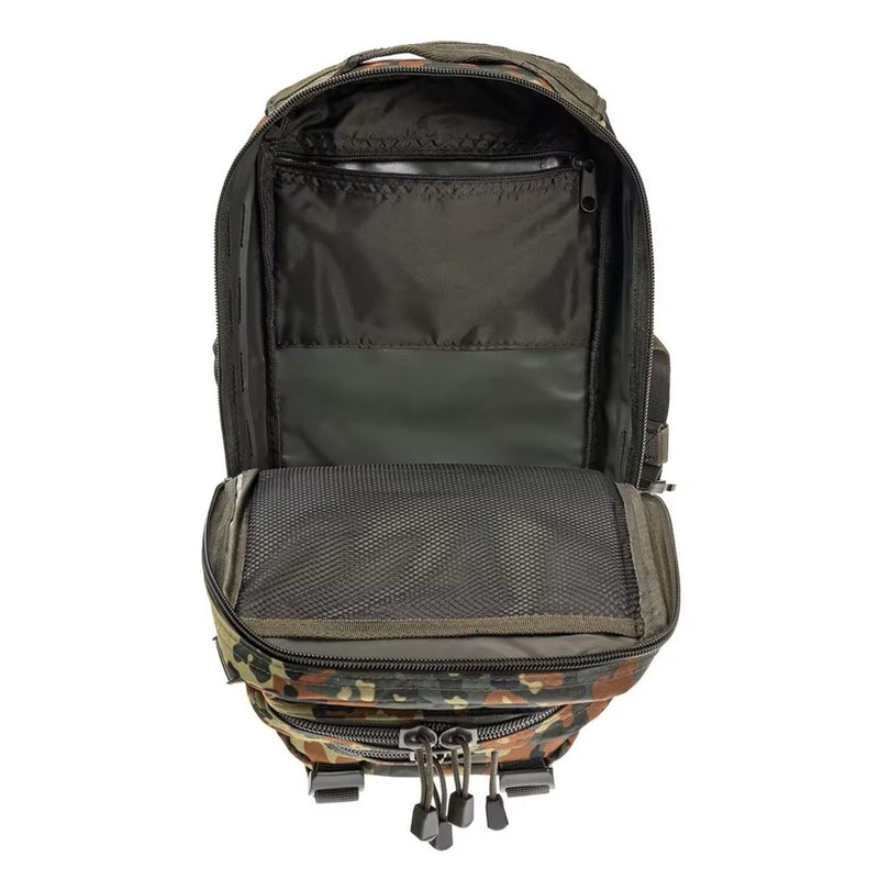 Open MIL-TEC U.S. Assault tactical backpack 20L showing spacious interior with multiple compartments flecktarn camo
