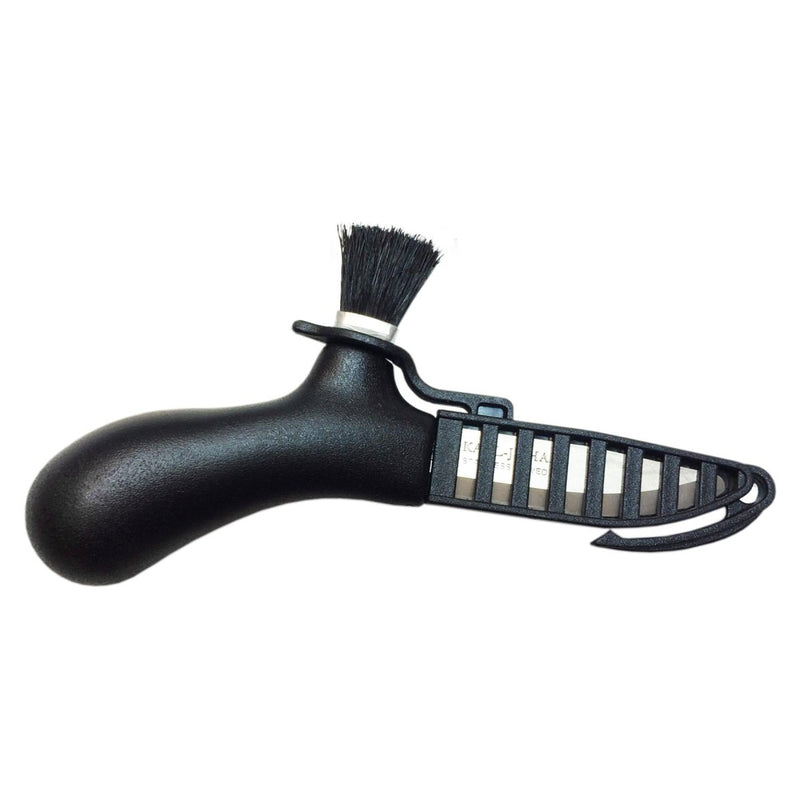 MORAKNIV mushroom picking knife with ergonomic black handle, recycled stainless steel blade, and attached cleaning brush.