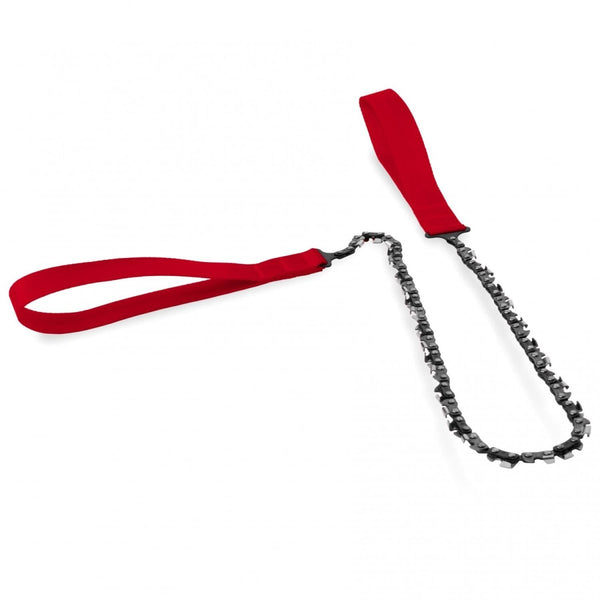 Compact Nordic Pocket Saw with durable heat-treated steel chain and red nylon handles for portable outdoor woodcutting.