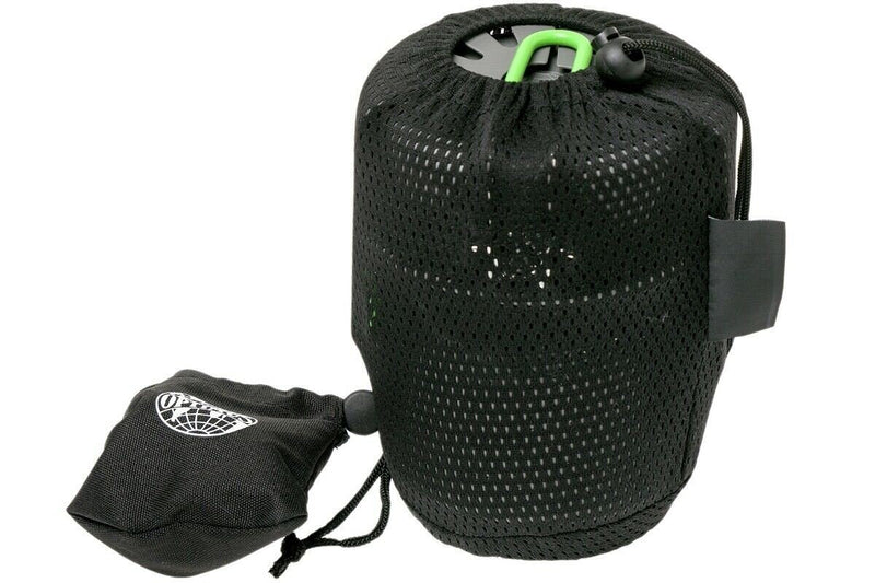 Optimus Electra FE compact backpacking stove and pot set neatly packed in black mesh storage bag for camping and hiking.