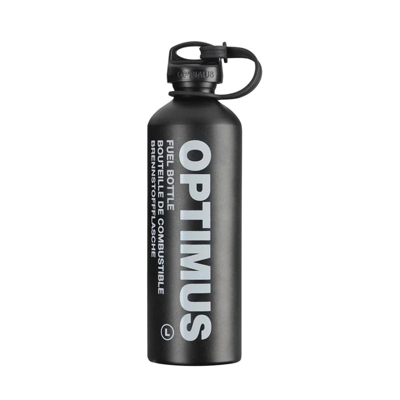 Black Optimus liquid fuel bottle with safety cap, durable and lightweight for camping and outdoor use.