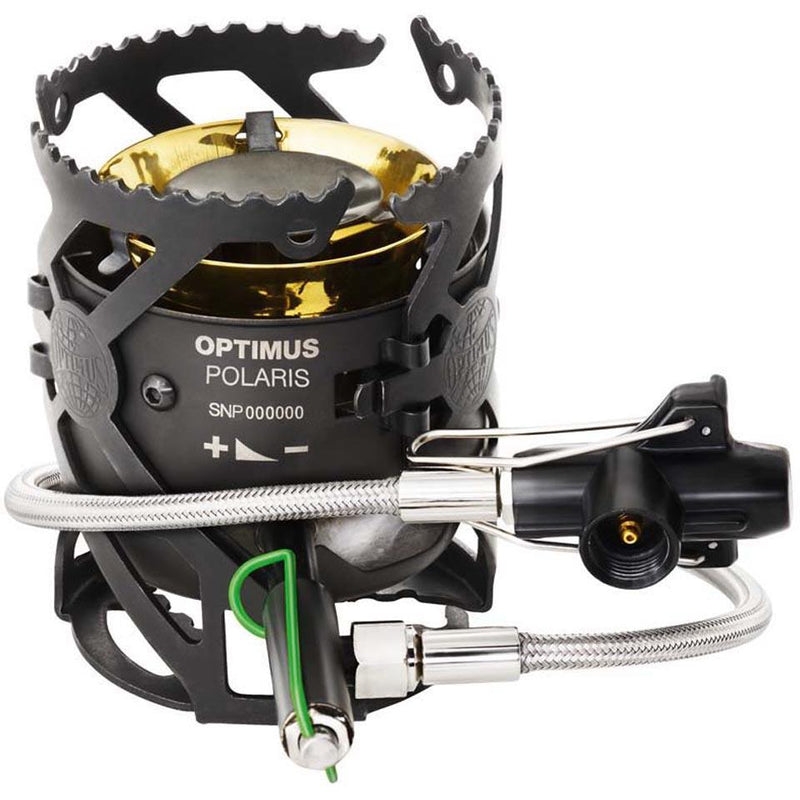 Optimus Polaris foldable lightweight multi fuel camping stove with 0.4L fuel bottle and serrated pot supports