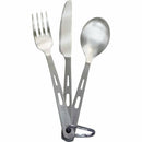 Lightweight titanium fork, knife, and spoon set with matte handles and carabiner for camping and backpacking use.