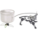 Lightweight portable Optimus Vega folding camping stove with LPG canister and stable burner for outdoor cooking.