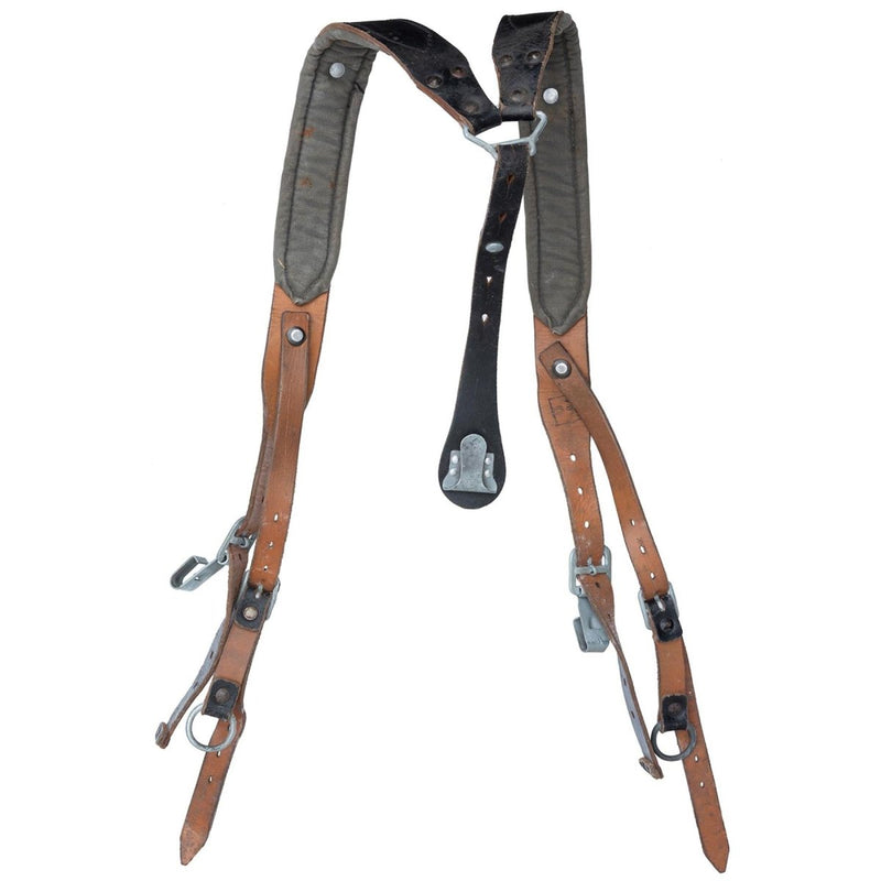 Original Austrian Army Y-Strap braces made of leather with metal clips and vintage military surplus design.