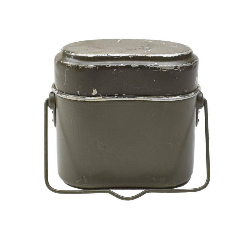 Original Austrian military mess kit with handle, showing wear, ideal for camping and outdoor cooking.