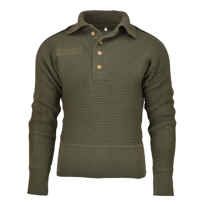 Green ribbed sweater with button collar on a white background