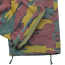 Close-up of Belgian Army ripstop combat trousers in jigsaw camouflage with adjustable waist and bottom ties.