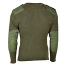 Back view of original Belgian army green olive wool commando jumper with reinforced elbows and shoulders