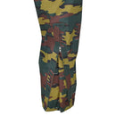 Close-up of original Belgian military waterproof pants with jigsaw camouflage pattern and zippered leg detail