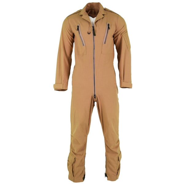 Beige British Army Aircrew MK 16 B RAF aramid flight suit coverall with zipped pockets and adjustable cuffs