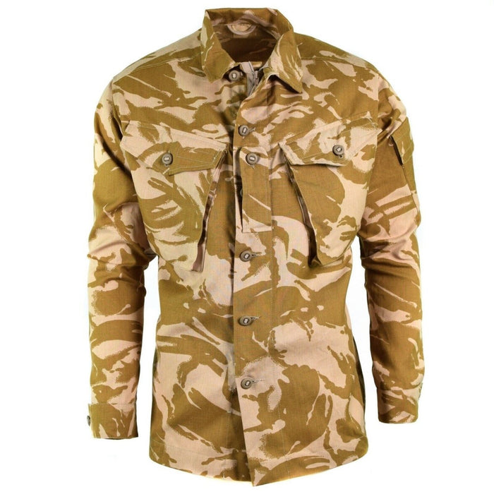 British army desert camo combat jacket, fire resistant, lightweight, durable Kermel blend, multiple pockets, adjustable cuffs