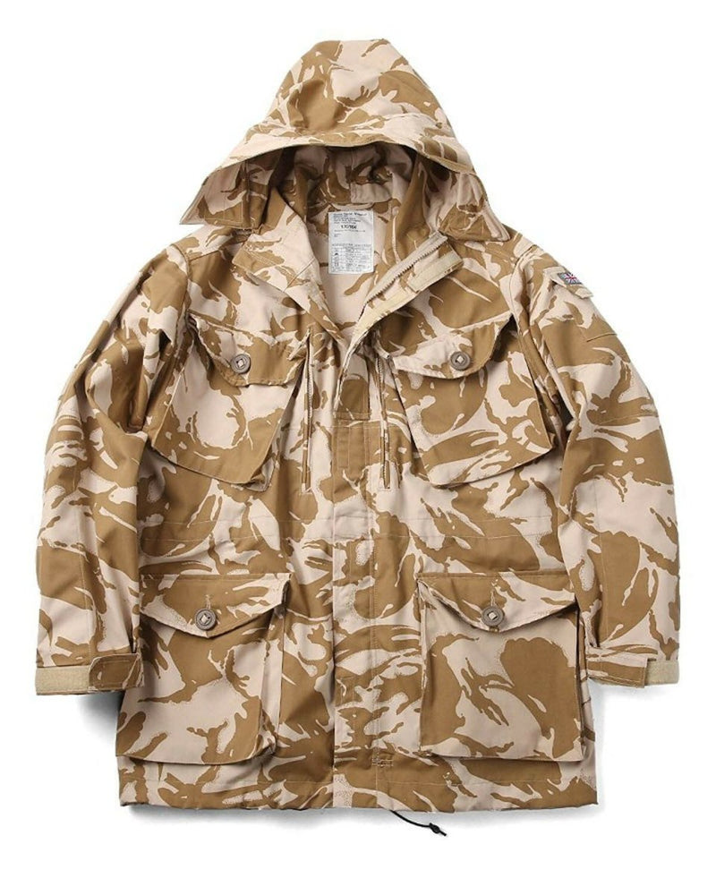 Original British army desert camo jacket parka with hood, multiple pockets, and adjustable waist, lightweight and windproof.