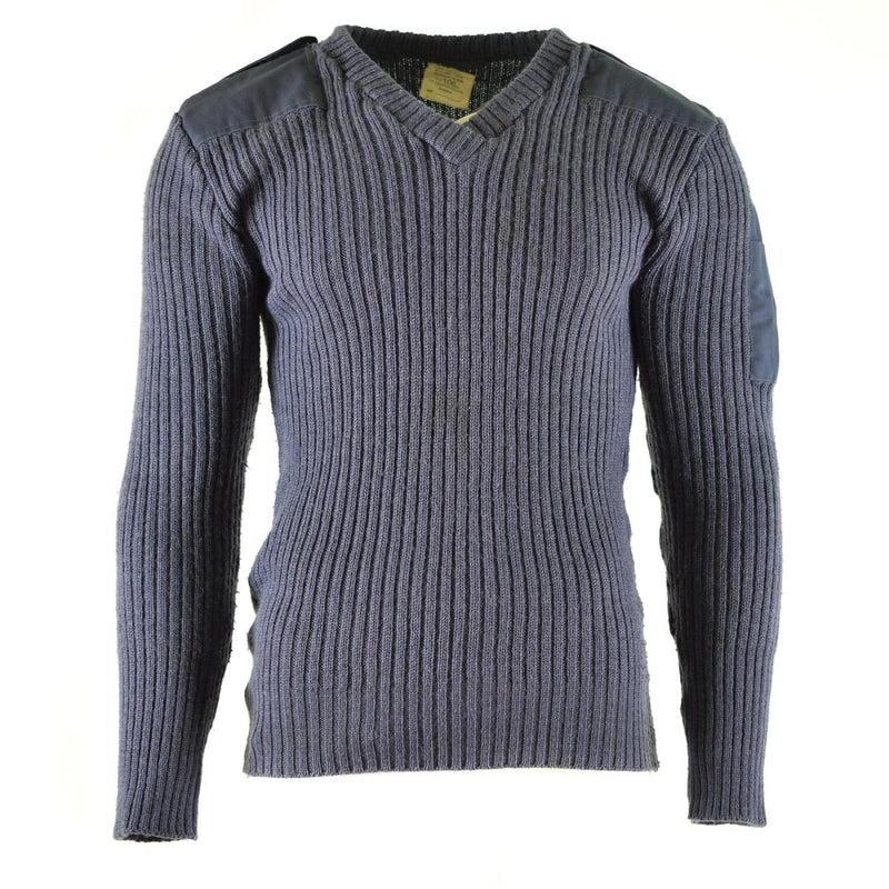 Original British Army Commando Wool Jumper in blue-grey with reinforced shoulder and elbow patches, V-neck design.