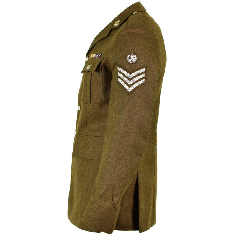 Side view of original British military formal khaki jacket with metal buttons, epaulets, and rank insignia on sleeve