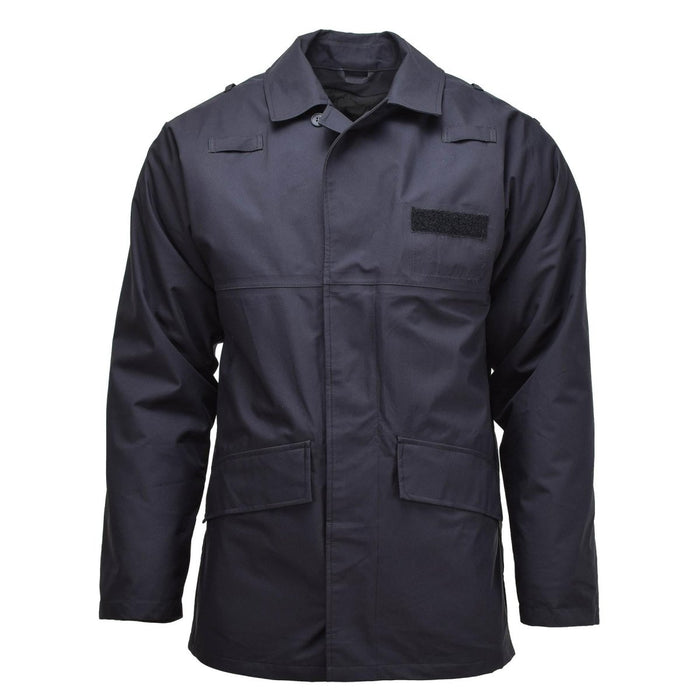 Original British Military solid black waterproof rain jacket with multiple pockets and adjustable cuffs, lined for warmth