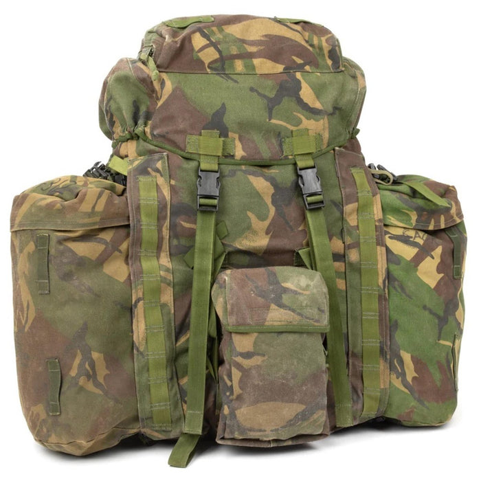 Original British military tactical backpack with woodland camo, 90 liters capacity, side pockets, durable Cordura nylon.