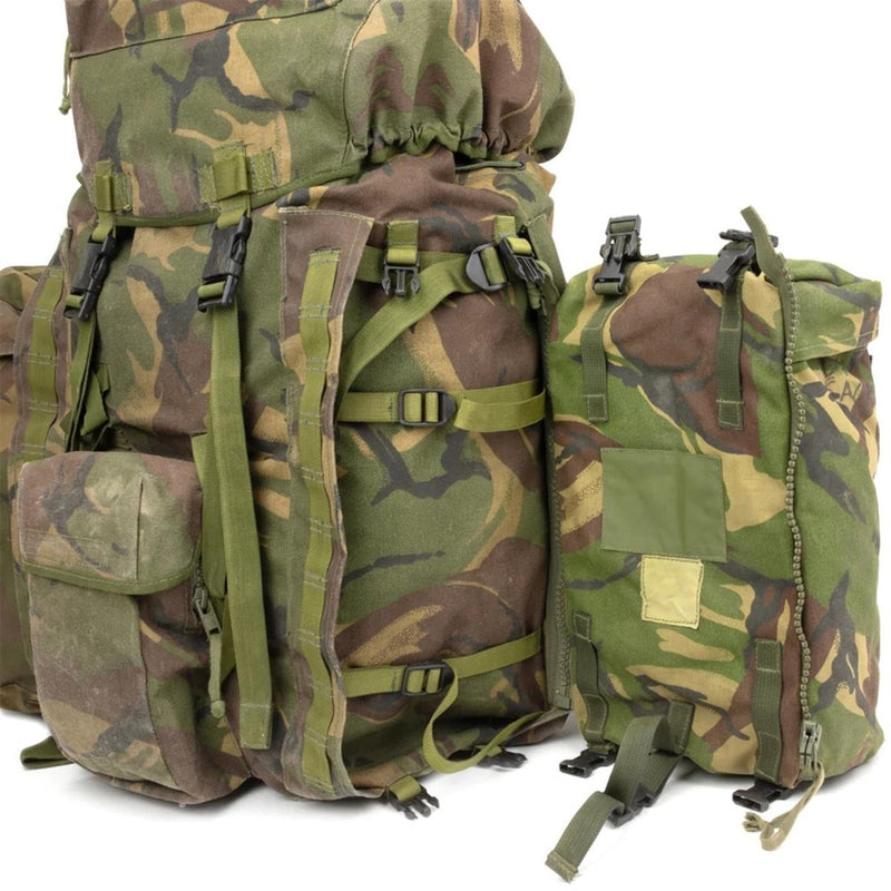 Original British military tactical backpack in woodland camo with 90L capacity and detachable side pockets for versatile storage