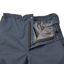 Close-up of blue waterproof British Royal Air Force mens rain trousers showing inner lining and zipper details.
