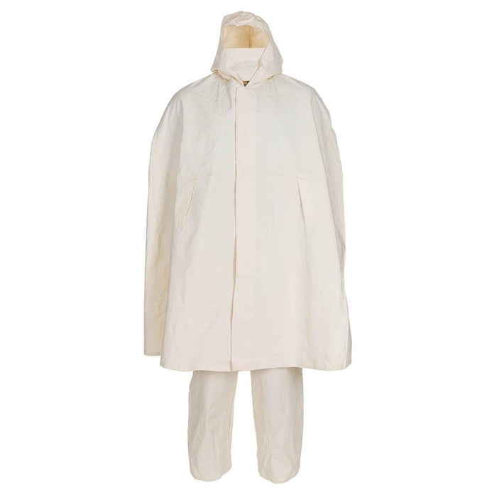 Original China military hooded poncho and trousers set in white snow camo for winter cold weather protection.