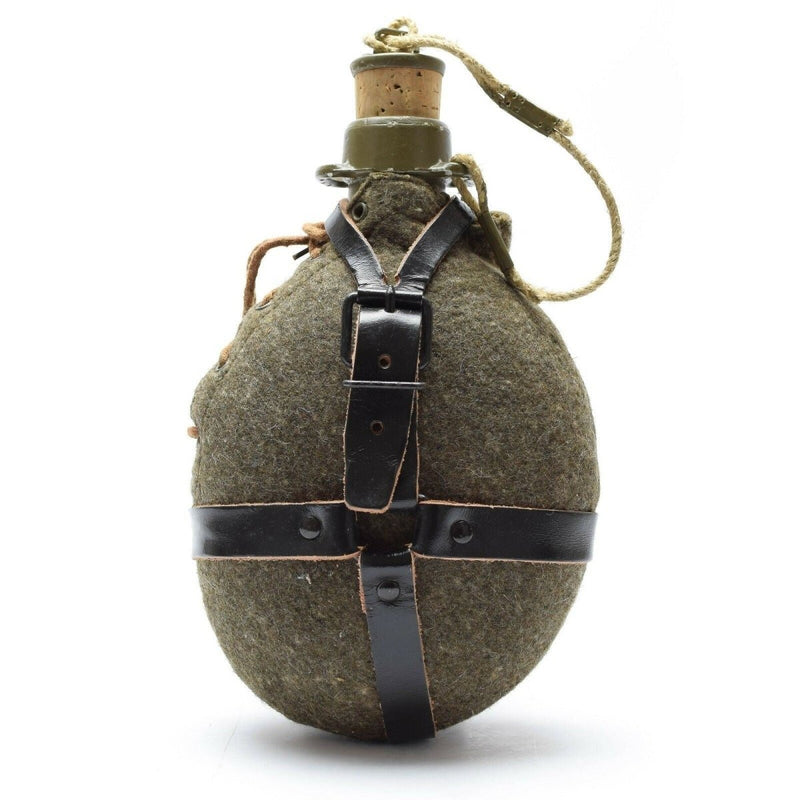 Original Czech Army M60 water bottle canteen with cork stopper and leather straps, durable military flask for outdoor use
