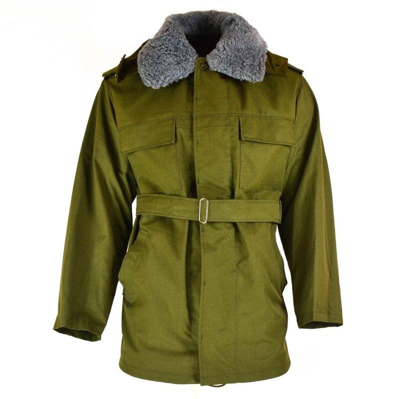 Vintage Czech army M85 olive green winter parka jacket with removable faux fur collar and belt, durable military design.