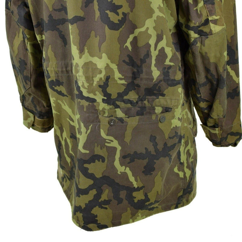 Close-up of original Czech army CZ 95 camouflage military field jacket with buttoned back pocket and long sleeves