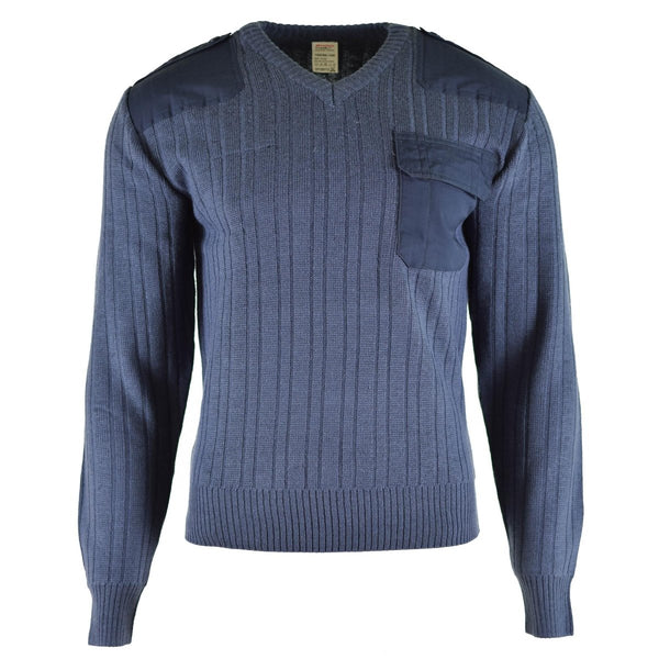 Original Czech army blue wool V-neck sweater jumper with chest pocket and reinforced shoulders, new military surplus design
