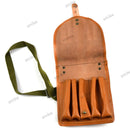 Vintage brown Czech military flare gun magazine pouch with green shoulder strap, open to show compartments.