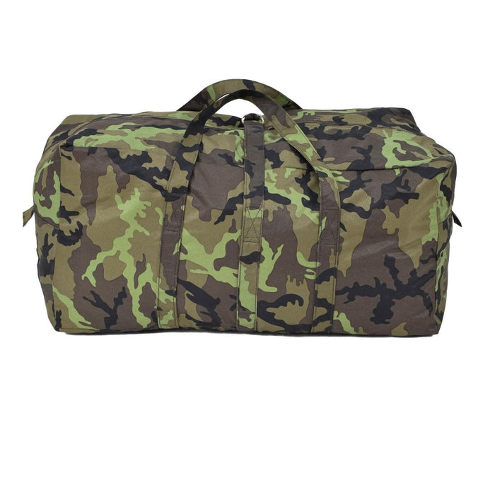 Original Czech military M95 camo duffle bag with durable fabric, spacious interior, and zippered closure for travel use.