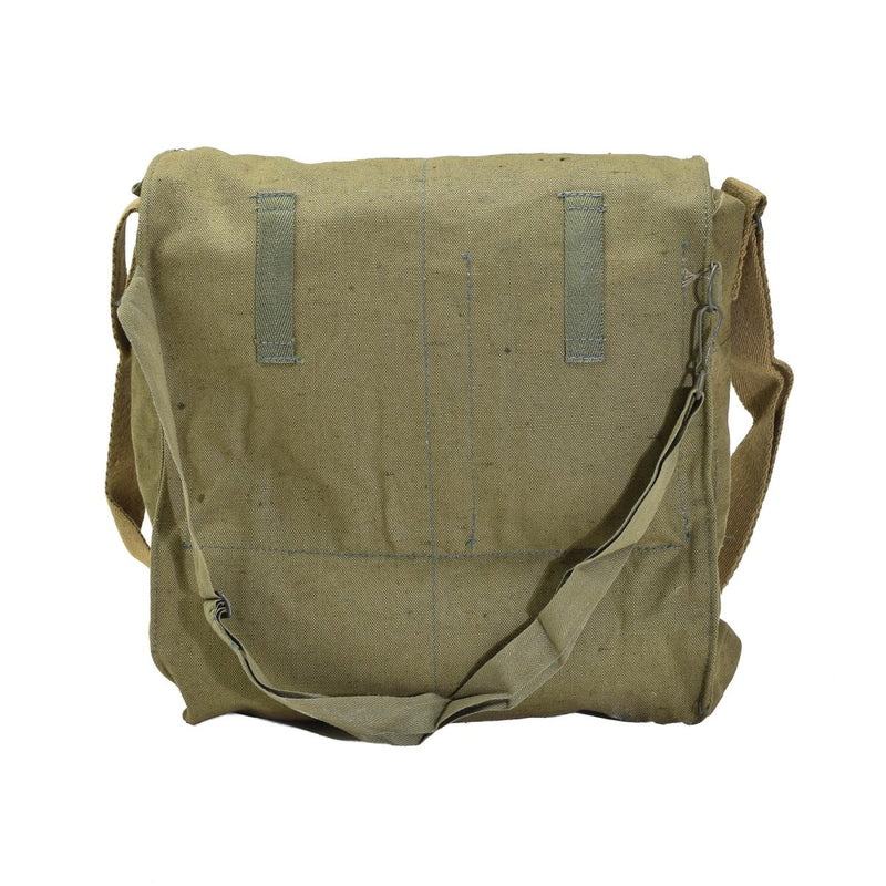 Vintage original Czech military gas mask shoulder bag in green canvas with adjustable strap, durable and versatile design.