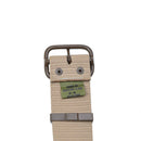 Original Czech military tactical belt in khaki canvas with sturdy brown metal buckle and green label detail.