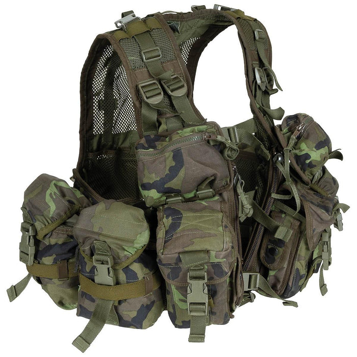 Original Czech Military Tactical Vest Combat Load Bearing System M95 in camouflage with multiple pouches for outdoor gear