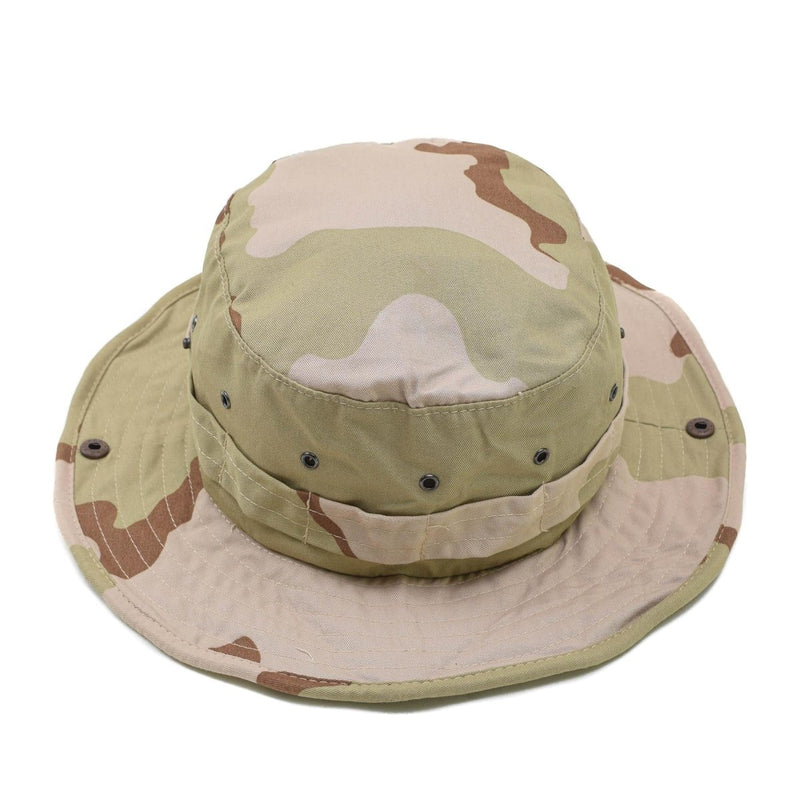 Original Dutch Military desert camo boonie hat with wide brim and neck flap for sun protection and outdoor use