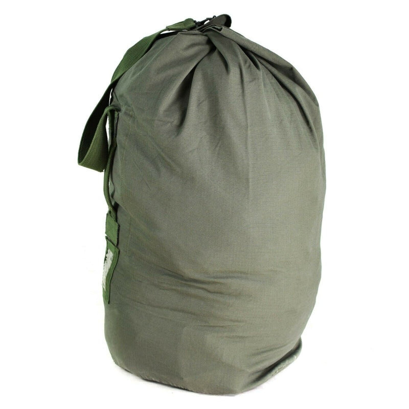 Original Dutch military duffel bag in olive green, 100 liters, durable ripstop fabric with canvas carry straps.