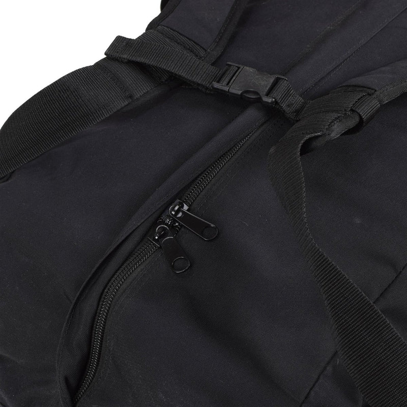 Close-up of black Original Dutch Military duffle bag zipper, adjustable straps, and durable fabric for travel and sports use
