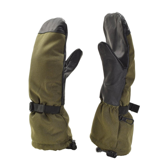 Original Dutch military special forces winter mittens with waterproof olive fabric and durable leather palms for extreme cold