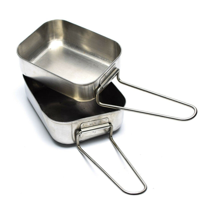 Original Dutch Military stainless steel 2-piece mess tin kit with foldable handles for outdoor cooking and camping.