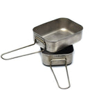 Original Dutch Military stainless steel 2-piece mess kit with foldable handles for camping and outdoor cooking.