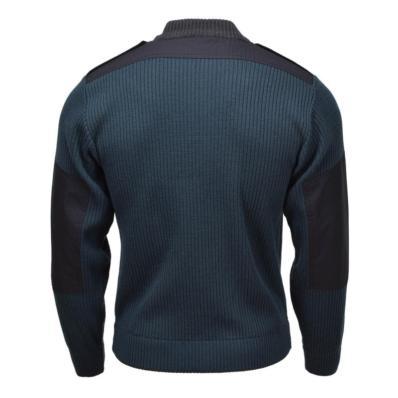 Back view of Original Dutch military blue wool-blend rib knit pullover sweater with reinforced elbows and shoulder patches.