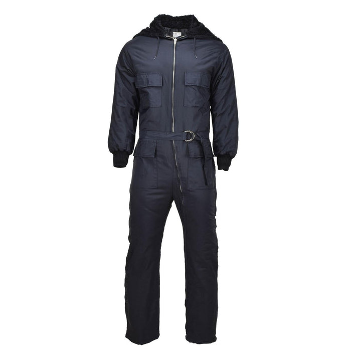 Black Original Dutch military winter coverall with faux fur hood, multiple pockets, adjustable cuffs, and belt buckle.