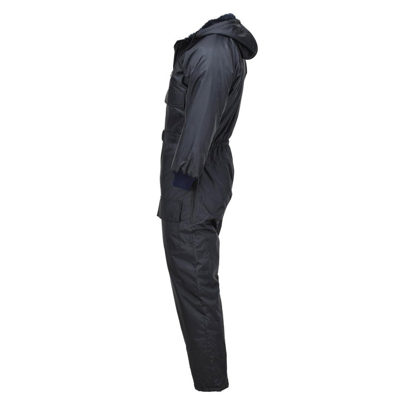 Side view of Original Dutch military hooded cold weather coverall jumpsuit with quilted liner and adjustable fit features