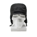 Black Dutch paratrooper hat with ear flaps and brim, windproof and durable winter cap on white mannequin head