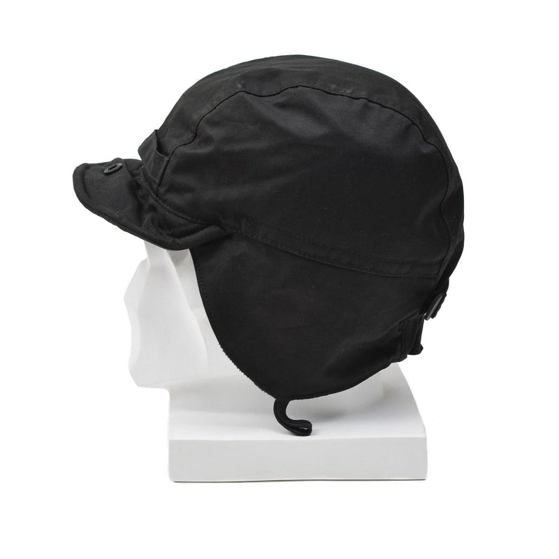 Black Dutch paratrooper winter hat with ear flaps and a brim, designed for windproof cold weather protection.