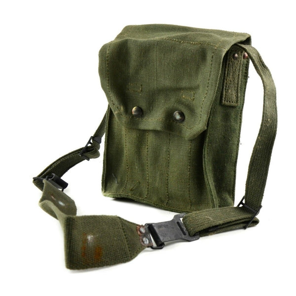 Original French Army 5-cell magazine pouch with adjustable shoulder strap and secure snap closures in green canvas.