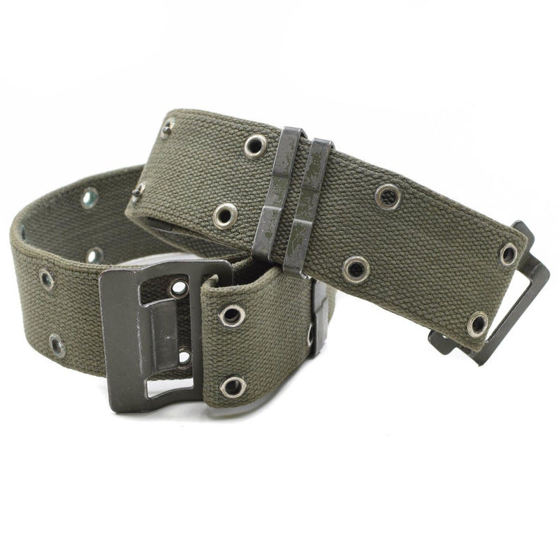 Original French Army Navy webbing belt in olive drab with metal buckle and reinforced eyelets for durability.