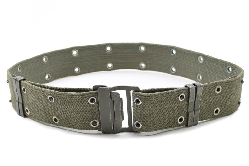 Original French Navy military webbing belt in olive green with quick-release metal buckle and reinforced eyelets