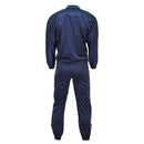 Back view of navy blue original French Army training tracksuit pants and jacket with elastic cuffs and waistband