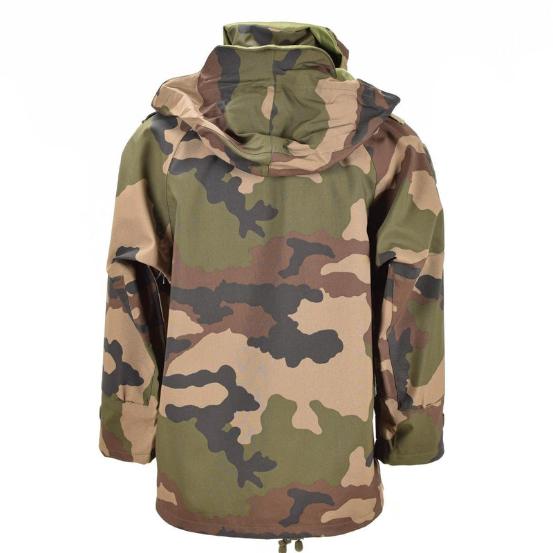 Back view of original French military waterproof trilaminate field rain jacket in CCE camouflage pattern with hood.