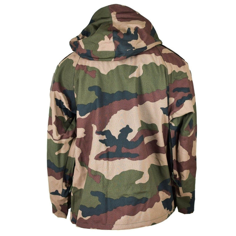 Back view of original French military waterproof trilaminate rain jacket in green and brown CCE camouflage pattern with hood.